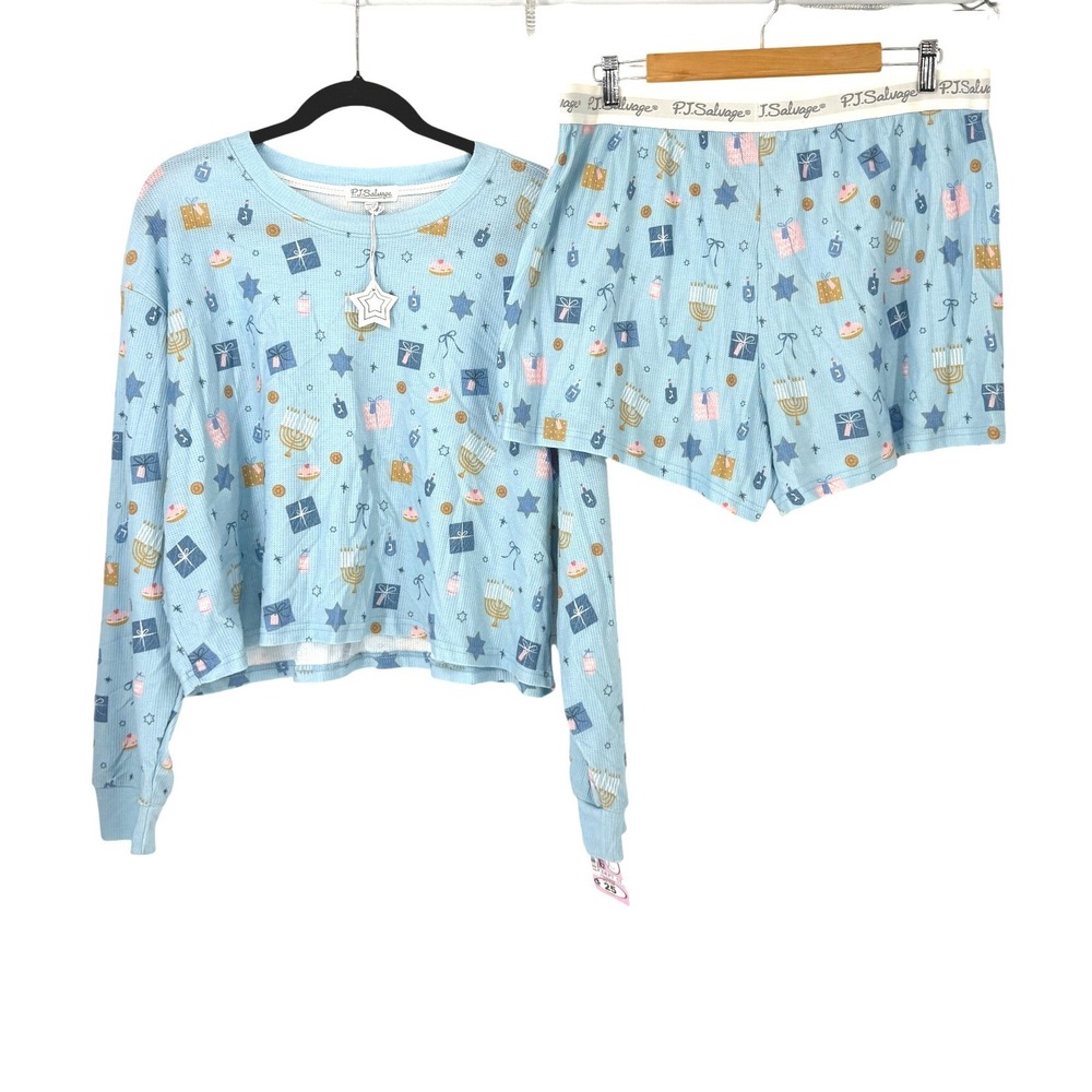 PJ Salvage Womens Hanukkah Waffle Knit Pajama Set Holiday Festive Size XL